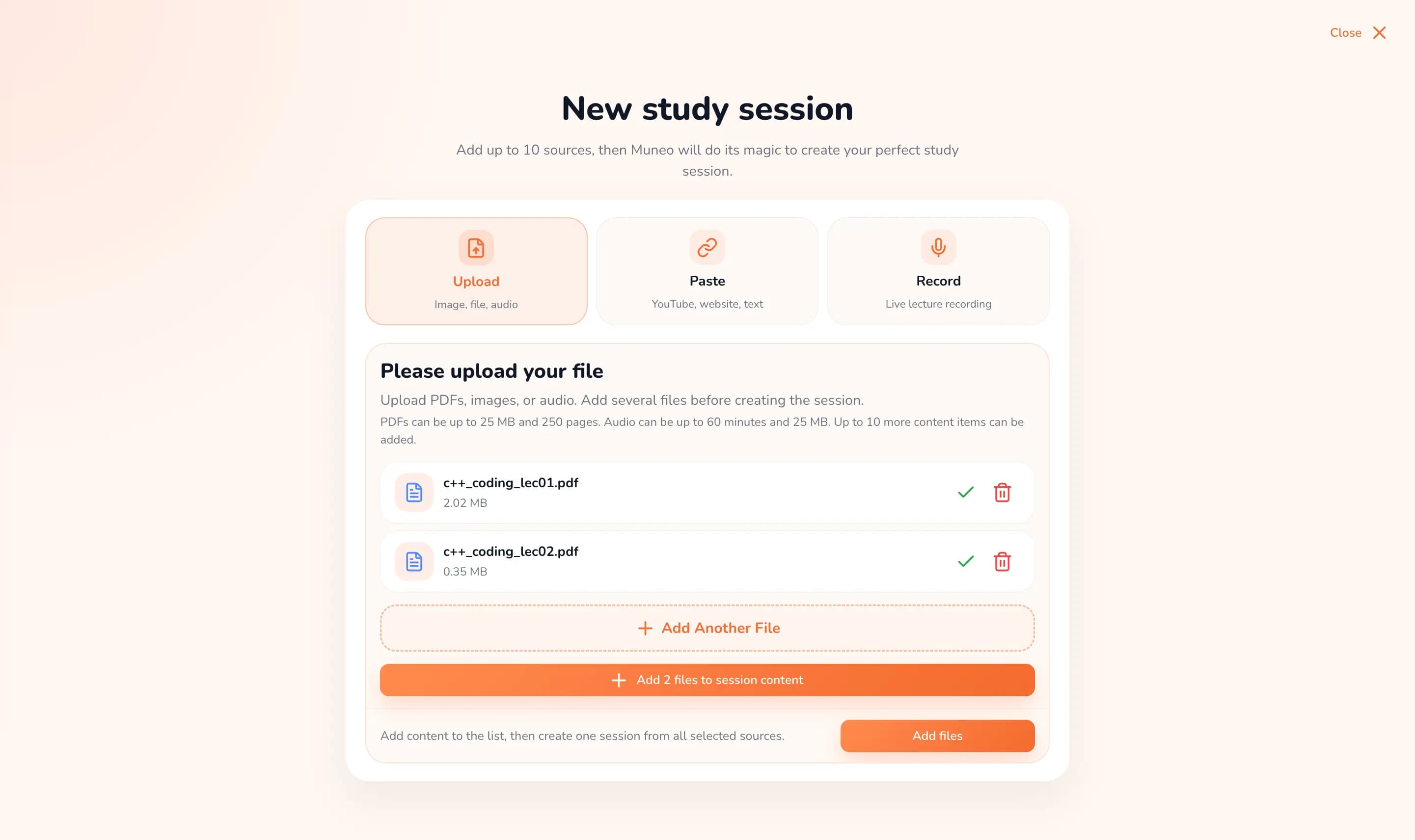 Muneo.ai source import options