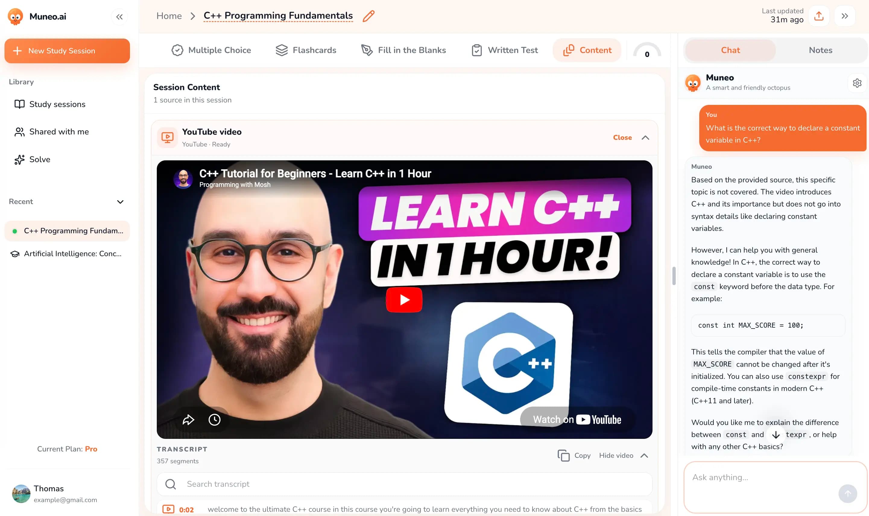 Muneo.ai YouTube content study session preview