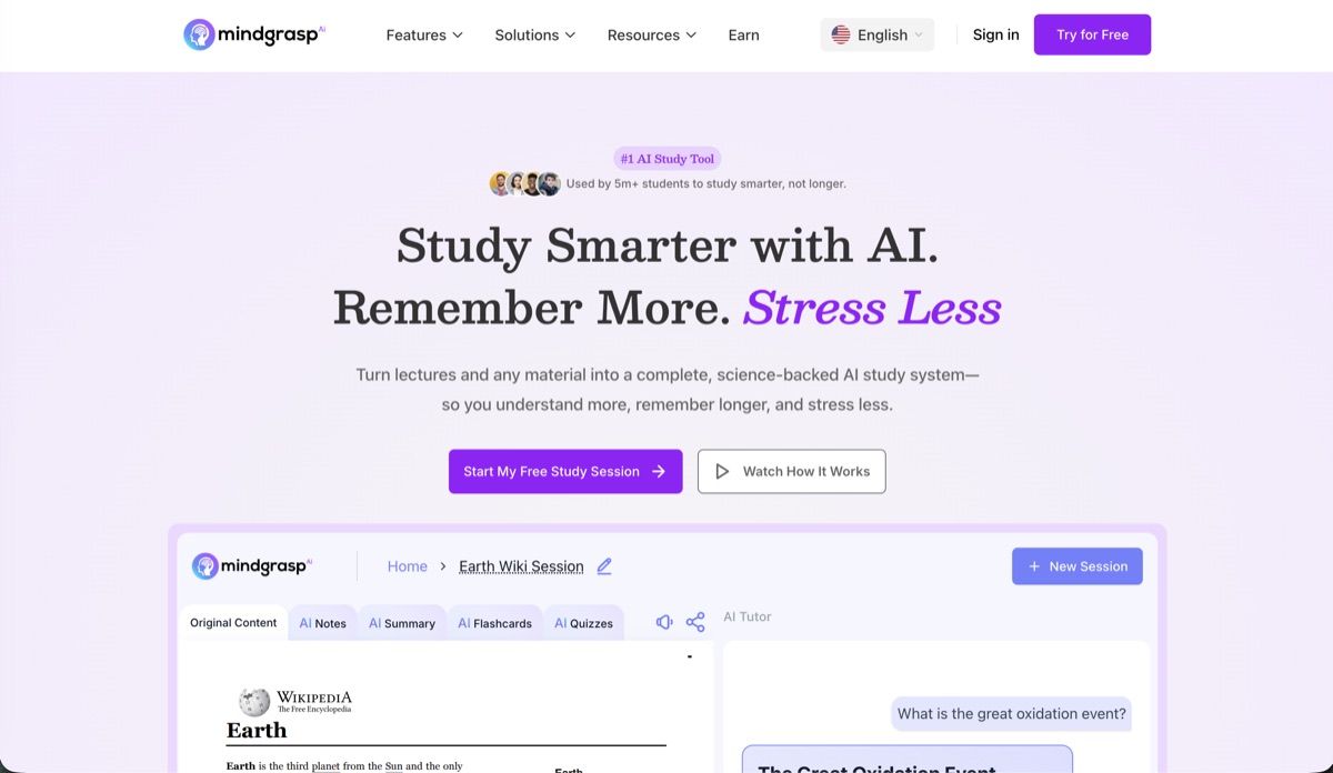 Mindgrasp AI study tool homepage screenshot