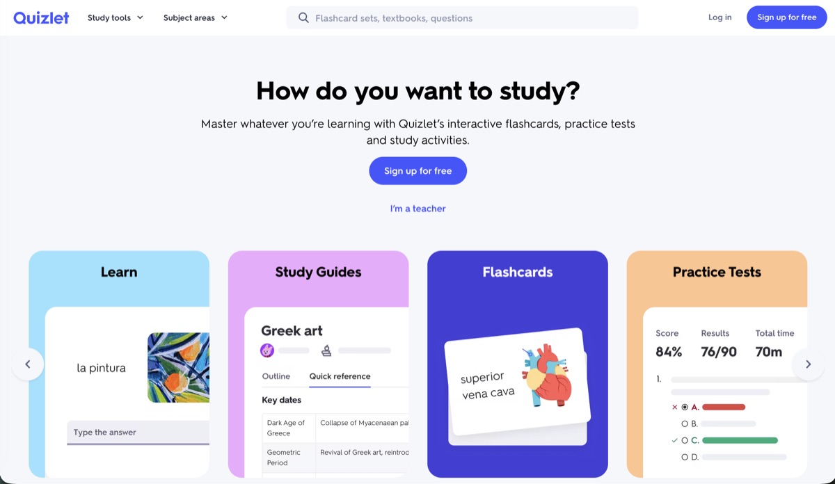 Quizlet study tools homepage screenshot