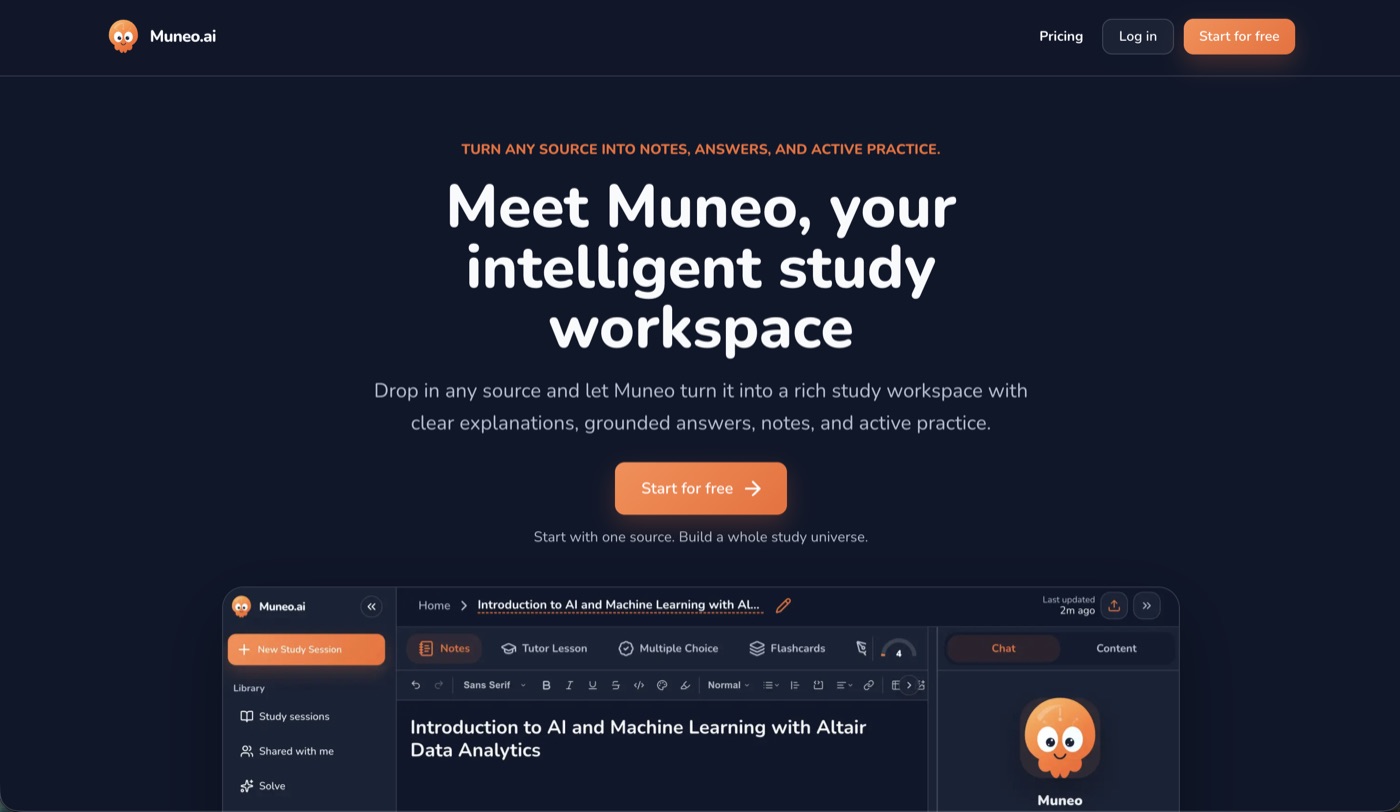 Muneo AI homepage and study workspace screenshot