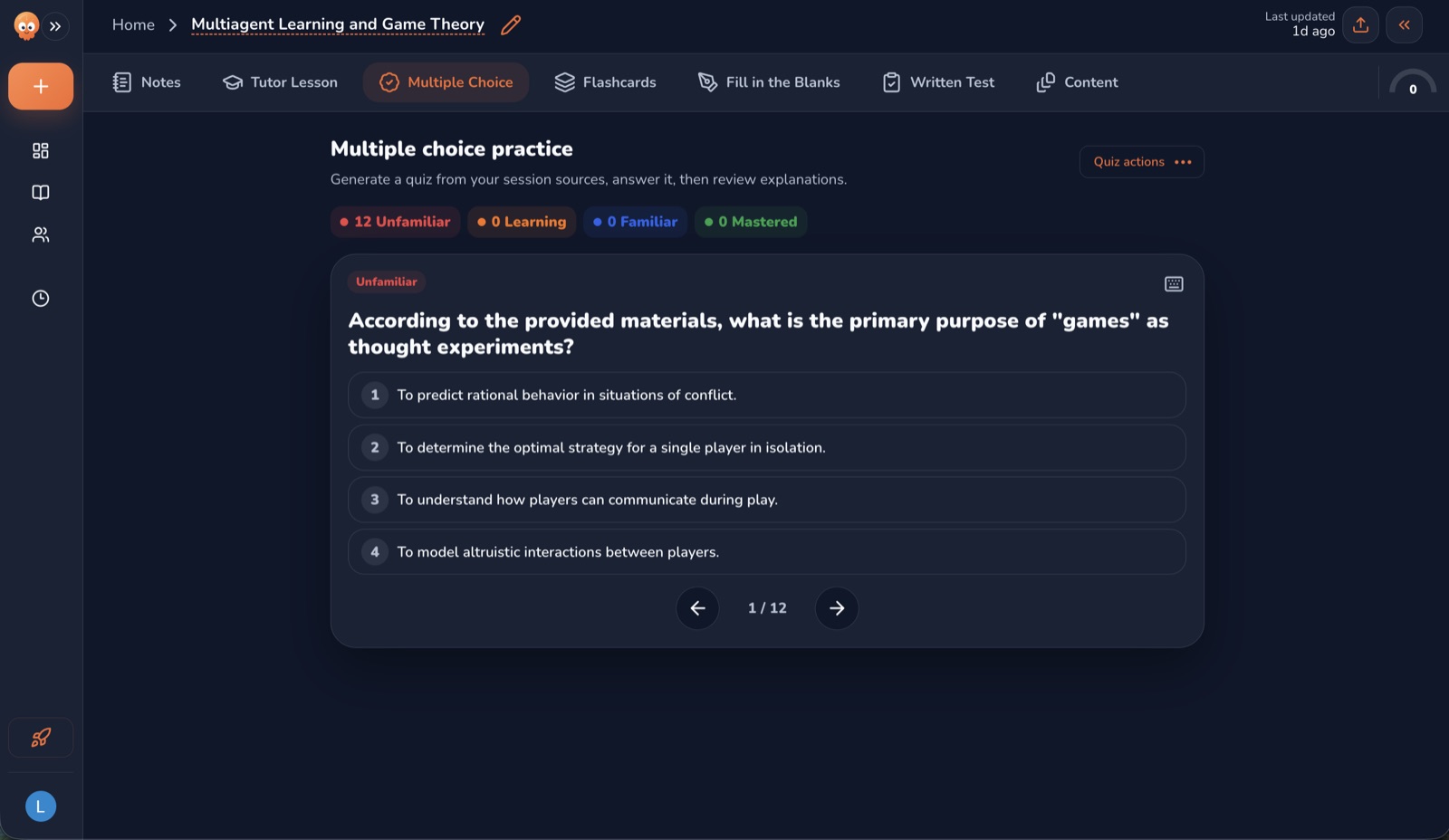 Muneo AI multiple-choice practice generated from study session sources