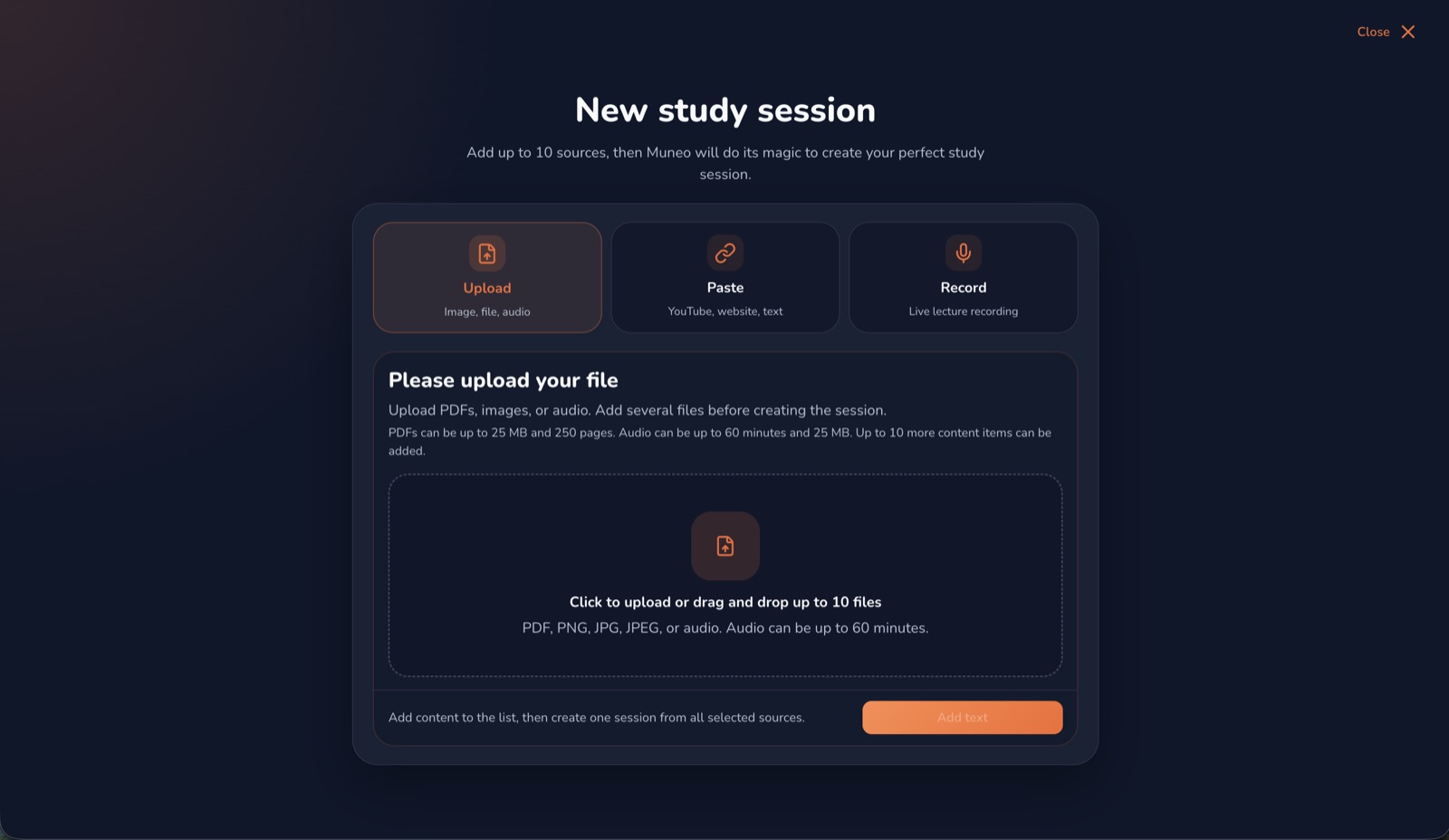Muneo AI source upload screen for creating a new study session