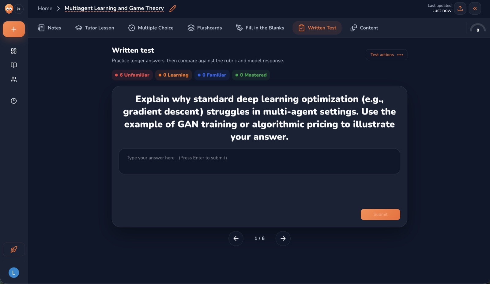 Muneo AI written test practice screen for longer student answers